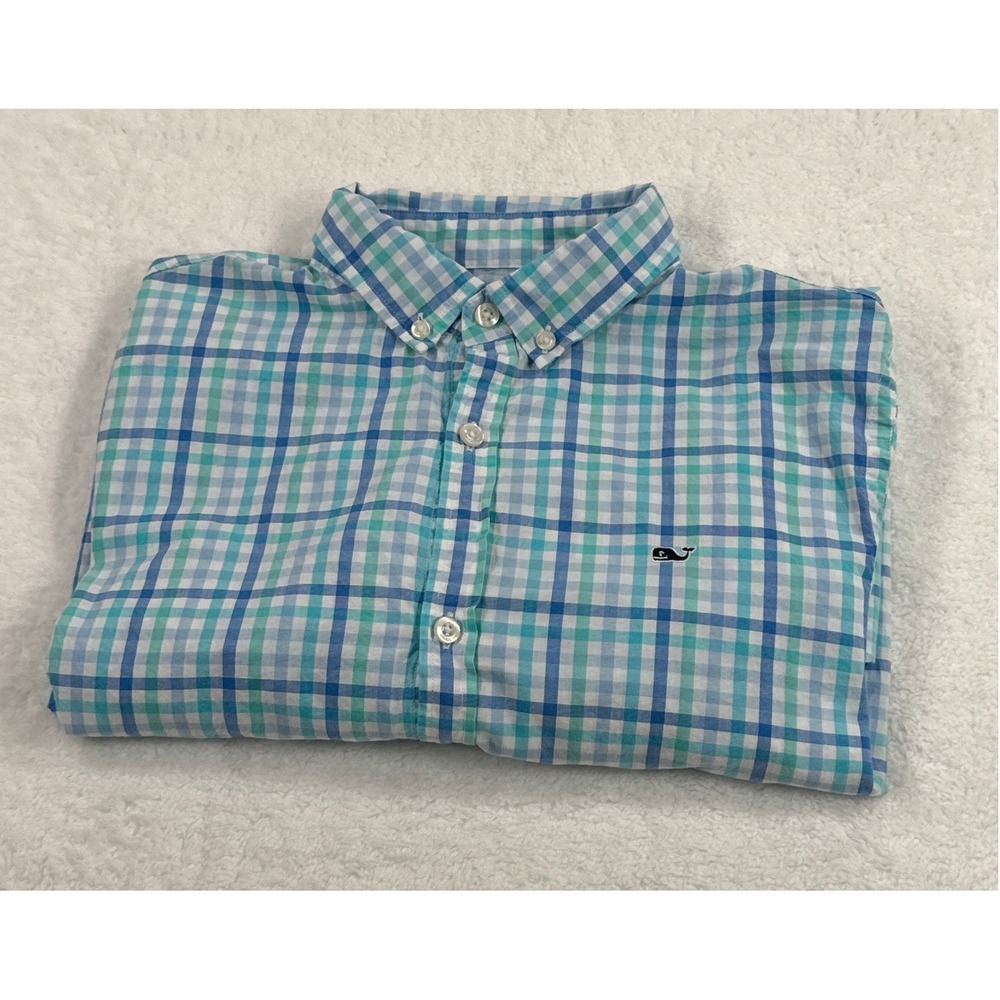 Vineyard Vines Kids XL 18 Whale Shirt Blue Teal Gingham Plaid Button Down